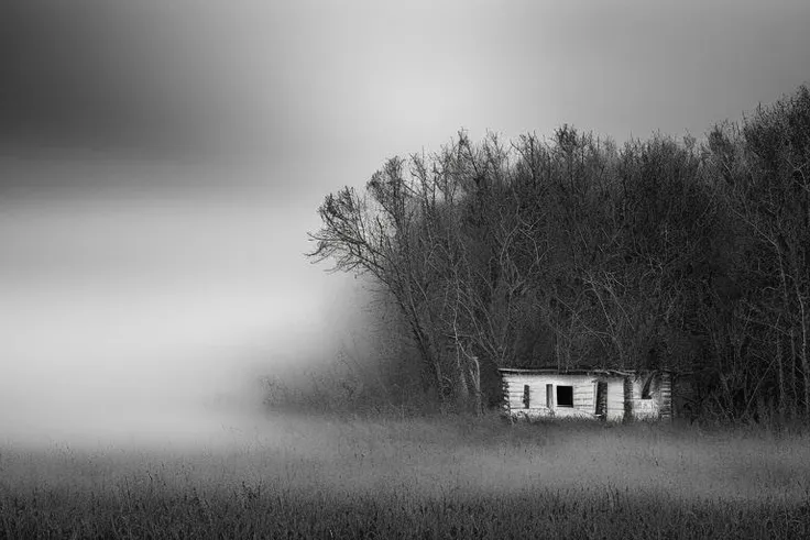 a black and white photo of a small house in a field