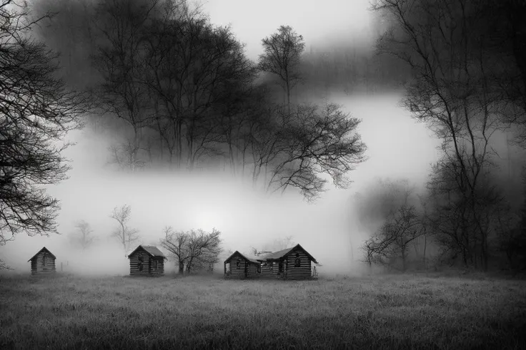 a black and white photo of three small cabins in a field