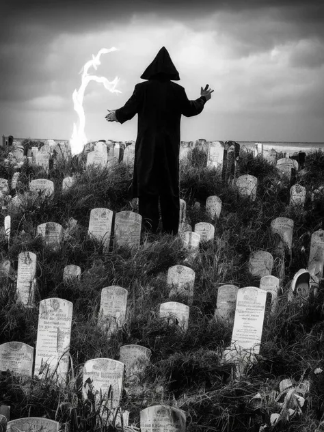 a black and white photo of a person in a hooded robe standing in a cemetery