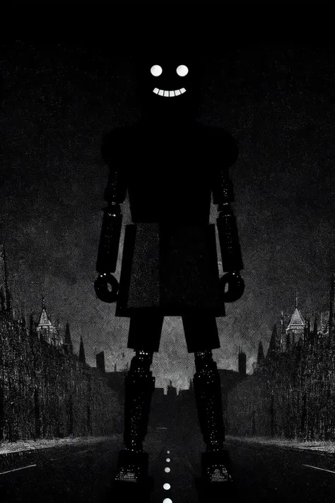 a close up of a robot standing on a street at night