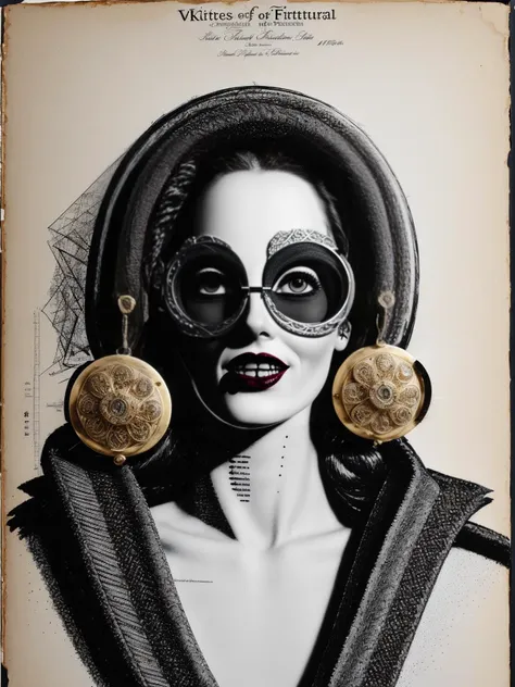 a drawing of a woman with a mask and a pair of earrings