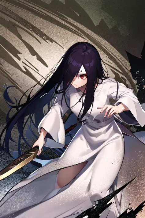 anime girl with long black hair holding a sword in her hand