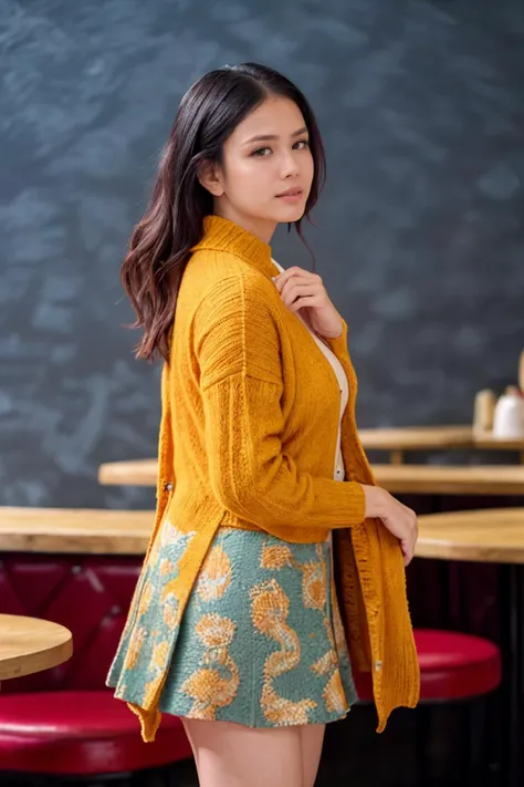 a woman in a yellow cardigan sweater and a green skirt