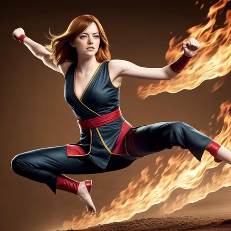 (sfw), photo, emmastone is a ninja, (flying side kick pose:1.3), (action movie poster:1.2), (ninja cosplay:1.3), realistic facial expressions, sharp focus, highly detailed, high quality, masterpiece, 4k, close-up