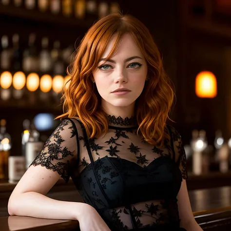 portrait photo of emmastone beautiful woman hair updo upsweep nightclub sitting at bar (masterpiece) (best quality) (detailed) (8k) (HDR) (wallpaper) (cinematic lighting) (sharp focus) (intricate)<lora:epiNoiseoffset_v2Pynoise:1>