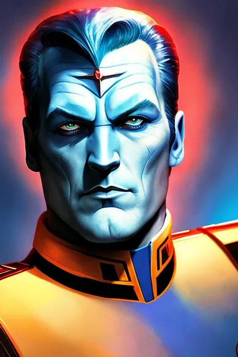 photo of thrawn, an alien, wearing a star wars imperial uniform, (blue skin:1.5), (red eyes:1.3), (colored skin,:1.1), detailed face