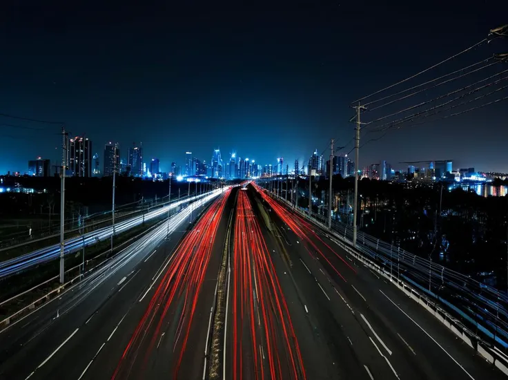 arafed view of a city at night with a long exposure of traffic