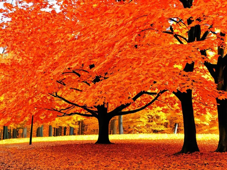 trees with orange leaves in a park with a bench