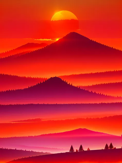 a sunset view of a mountain range with a few trees