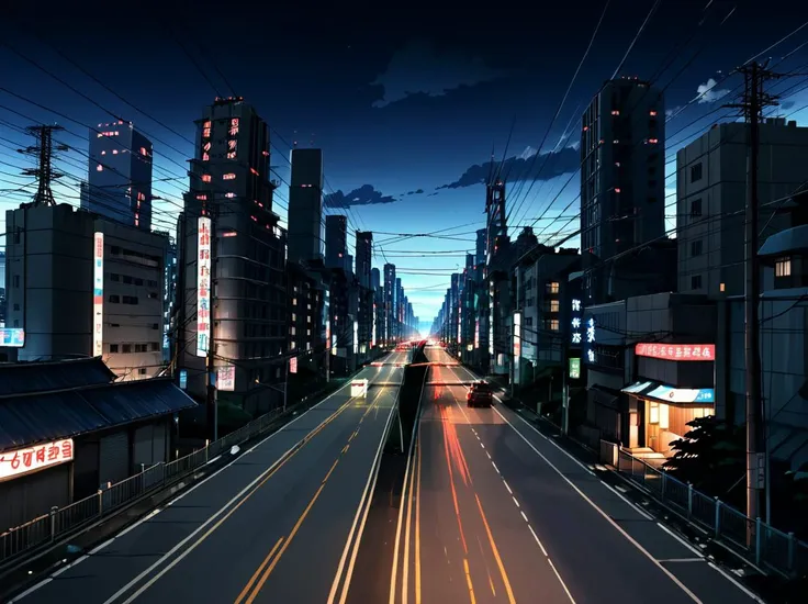 night scene of a city street with a train passing by