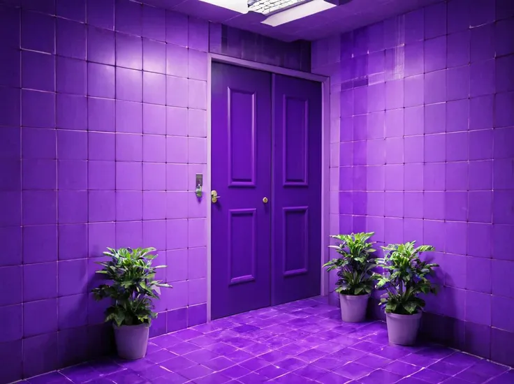 purple tiled hallway with potted plants and a purple door