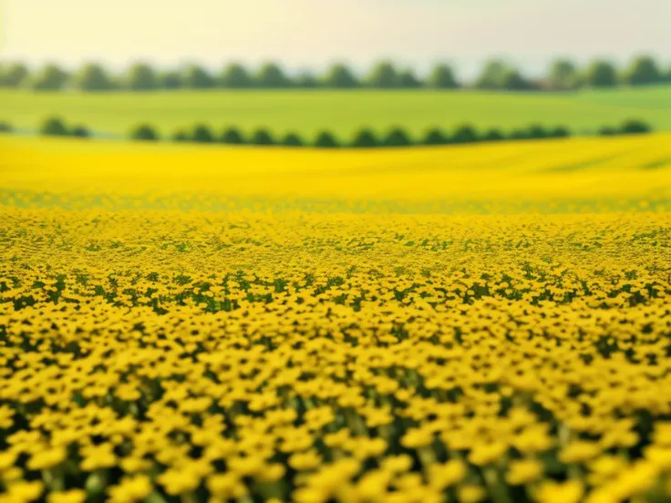 a close up of a field of yellow flowers with trees in the background