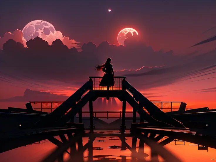 a woman standing on a bridge looking at the moon