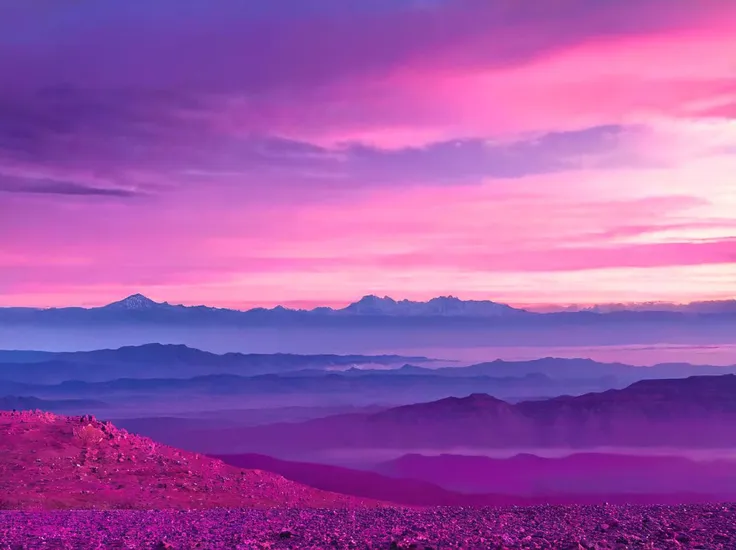 a view of a mountain range with a pink sky and clouds