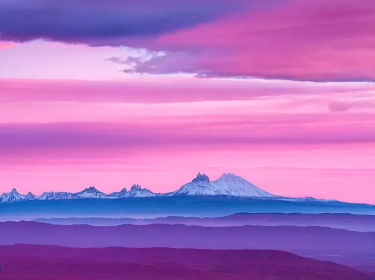 a view of a mountain range with a pink sky and clouds