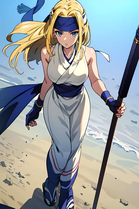 anime girl with a sword and cape walking on the beach