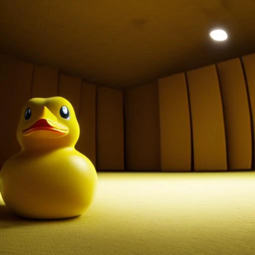 a small rubber duck in ((scrbackrooms)), wide shot