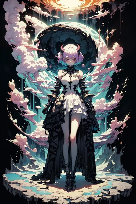 masterpiece, best quality, dreamwave, aesthetic, (split, heaven and hell:1.4), cavern, clouds, (multicolored background, multicolored lights, magic, black hole), 1girl, solo, standing, full body, armored dress, white dress, purple hair, smug, short hair <l...