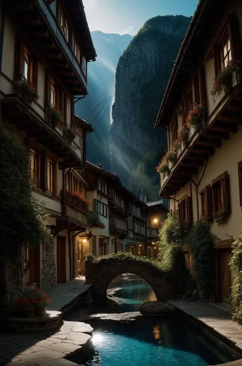 the hobbit, tolkien, a medieval village in switzerland with river and pool, ornate, beautiful, atmosphere, vibe, flowers, concept art illustration, greg rutowski, volumetric lighting, sunbeams, particles, oversaturate, intricate, volumetric lighting, beaut...