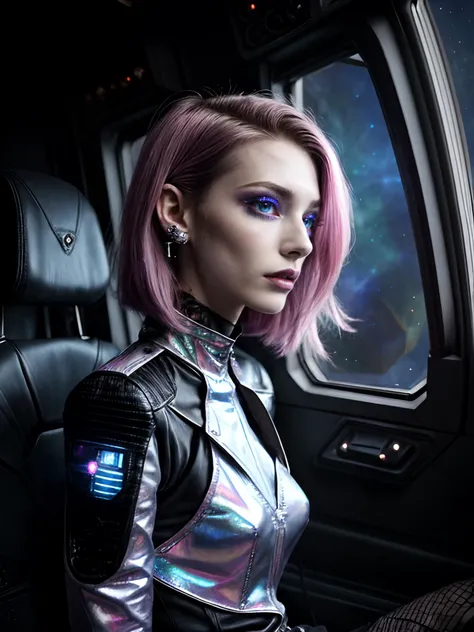 (over the shoulder:1.1), (movie still:1.1), side view, (spaceship cockpit:1.1), (beautiful young skinny caucasian adult woman sitting in spaceship cockpit looking over shoulder at viewer:1.2), glowing holographic instruments, (beautiful face:1.11), from be...