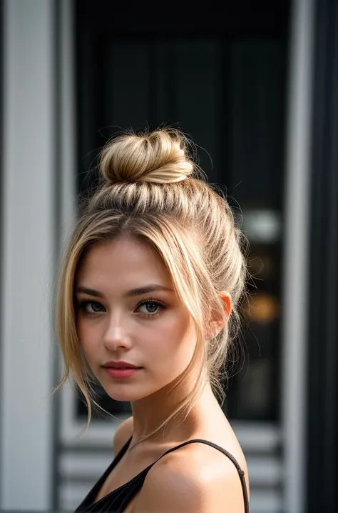 a close up of a woman with a messy bun on her head