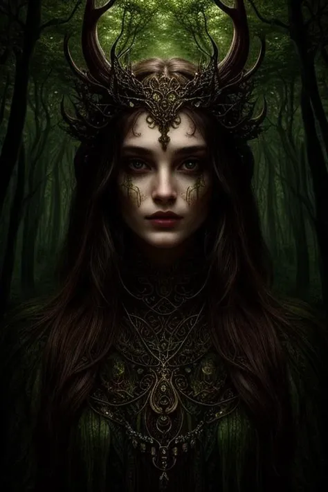 woman in a mythical forest, masterpiece, perfect face, intricate details, horror theme