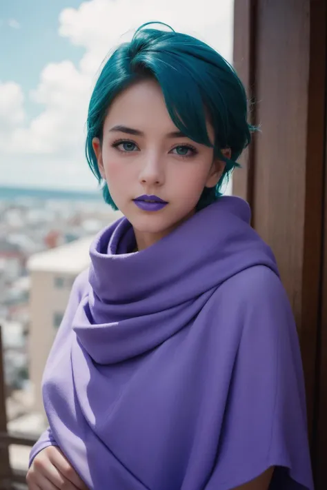 masterpiece, best quality, 8K RAW photo, film grain, bokeh,  <lora:fourmurasame-nvwls-v1:0.9> fourmurasame, short hair, blue hair, aqua eyes, purple lipstick, purple shawl, purple dress, portrait, looking at viewer, sky, clouds