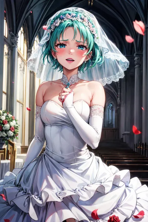 masterpiece,best quality,1girl,solo,fourmurasame,aqua hair,short hair,aqua eyes,purple lipstick,(wedding dress,bridal veil,bridal gauntlets),rose,rose petals,(happy tears),blush,church,wind,<lora:fourmurasame-nvwls-v1:0.8>,<lora:Concept-control tool-add_de...