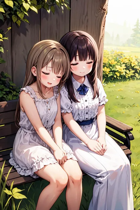 masterpiece,best quality,2girls,multiple girls,closed eyes,sleeping upright,sleeping on person,sitting,leaning on person,light smile,yuri,bench,grass,leaf,sunlight,<lora:Concept-control tool-add_detail-CyberAIchemist:0.8>,<lora:SleepingV2:1>,