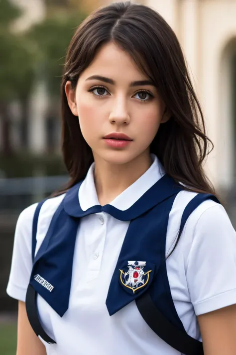 a close up of a young woman wearing a uniform and a backpack