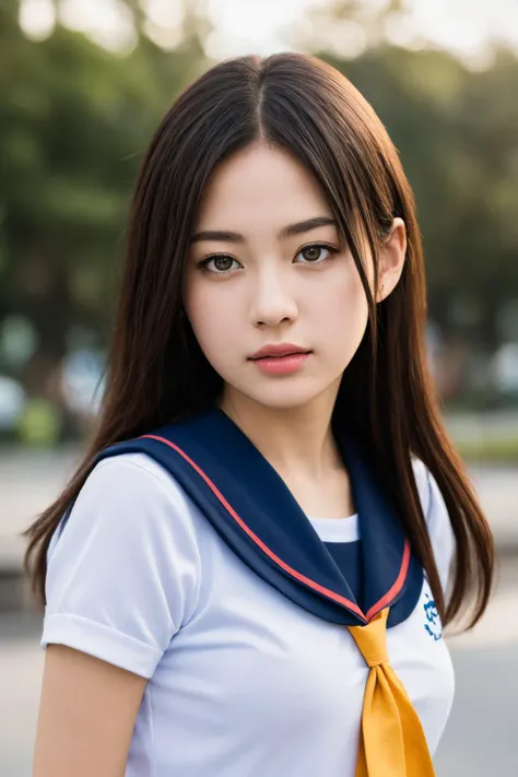 arafed asian woman with long hair wearing a white shirt and a yellow tie