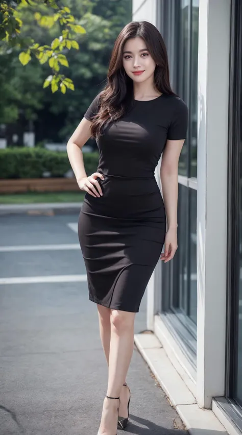 a woman in a black dress standing outside of a building