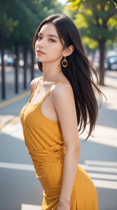 a woman in a yellow dress standing on a street