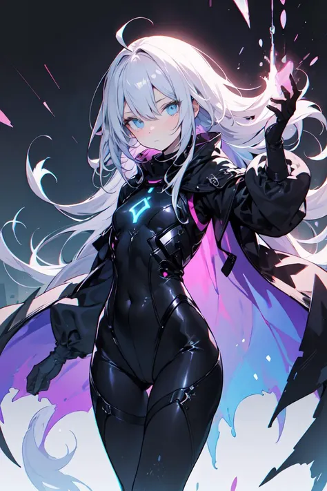 best quality, ultra-detailed, 1girl, solo, white hair, (absurdly long hair:1.2), ahoge, blue eyes, (flat chest:1.1), pale, skin, expressionless eyes, looking at the viewer, city, destruction, blue energy, futuristic, armored, white and black leotard, cold ...