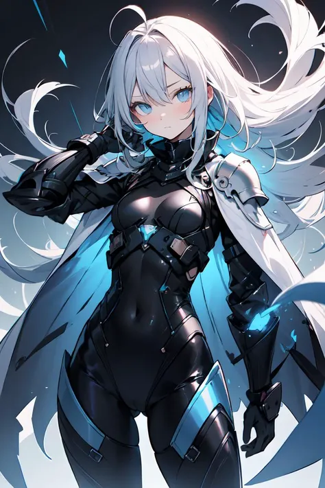 best quality, ultra-detailed, 1girl, solo, white hair, (absurdly long hair:1.2), ahoge, blue eyes, (flat chest:1.1), pale, skin, expressionless eyes, looking at the viewer, city, destruction, blue energy, futuristic, armored, white and black leotard, cold ...