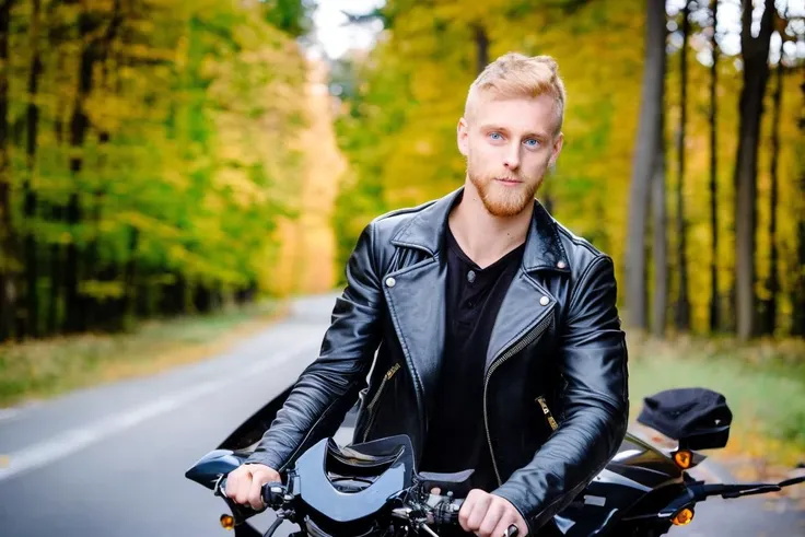 masterpiece, best quality, high quality, realistic, sfw, 1boy, blonde hair, leather jacket, outdoors, tree, shirt, blue eyes, mo...