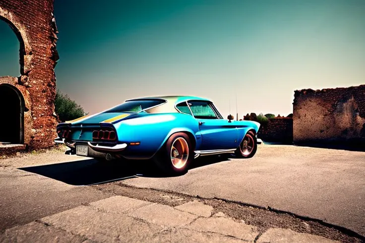 arafed view of a blue car parked in front of a brick building