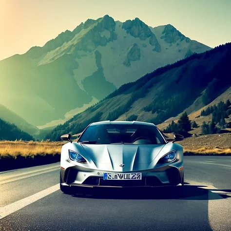 a silver sports car driving down a road in front of mountains