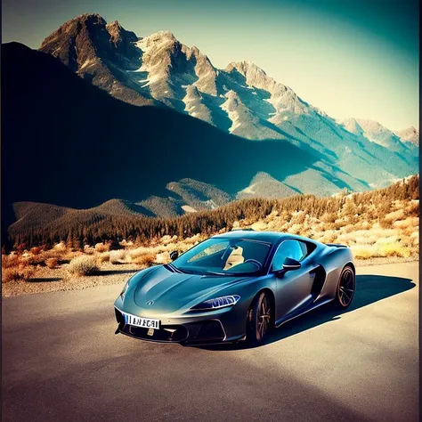 a close up of a blue sports car parked in front of a mountain