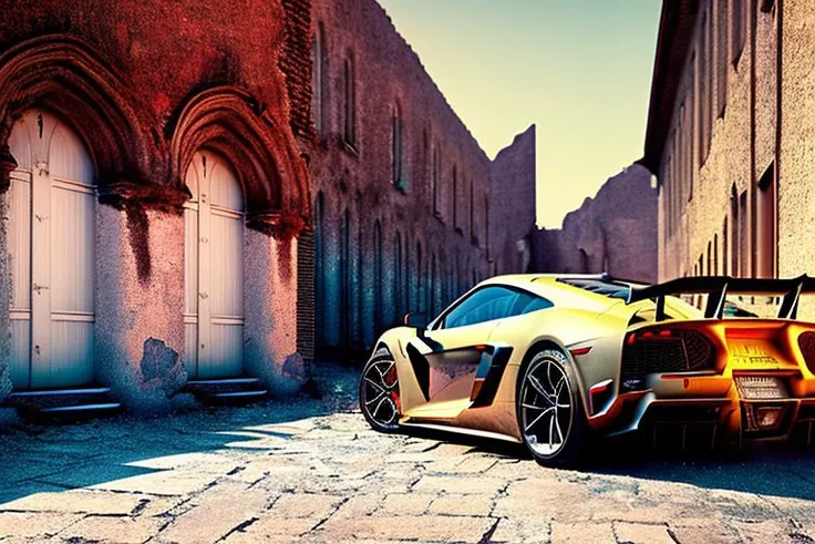 a close up of a sports car parked on a street near a building