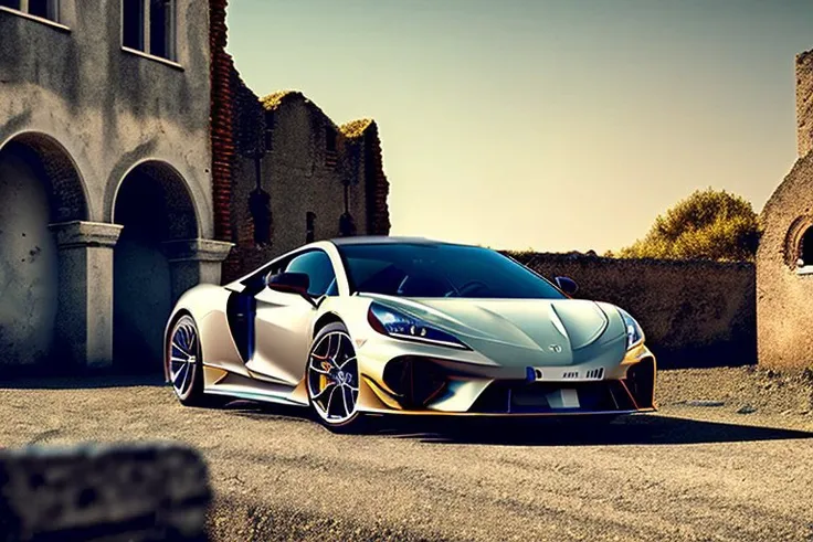 a close up of a silver sports car parked in front of a building