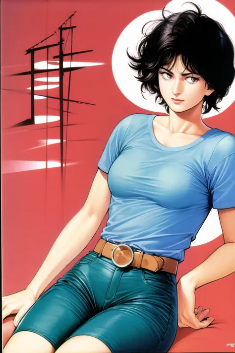 1girl, stbl20, retro artstyle, short hair, black hair, curvy hair, solo, pink top shirt, 1980s (style), sitting, belt, tan skin, black pants,<lora:Tsukasa Hojo:0.9>, <lora:StacyBloom20-08:1>