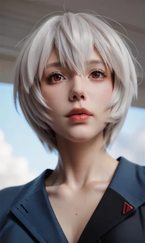 a woman with a white hair and a blue shirt