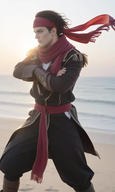 a woman in a red scarf and black pants is on the beach