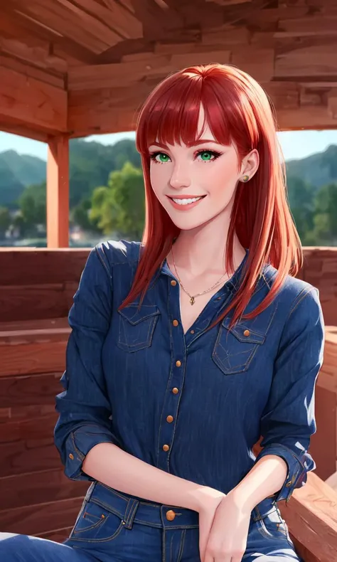 mjw2023, 1girl, 8k, best quality, trending on arstation, masterpiece, black top, jeans, looking at viewer, 5 fingers, bangs. long auburn hair, green eyes, cute smile,