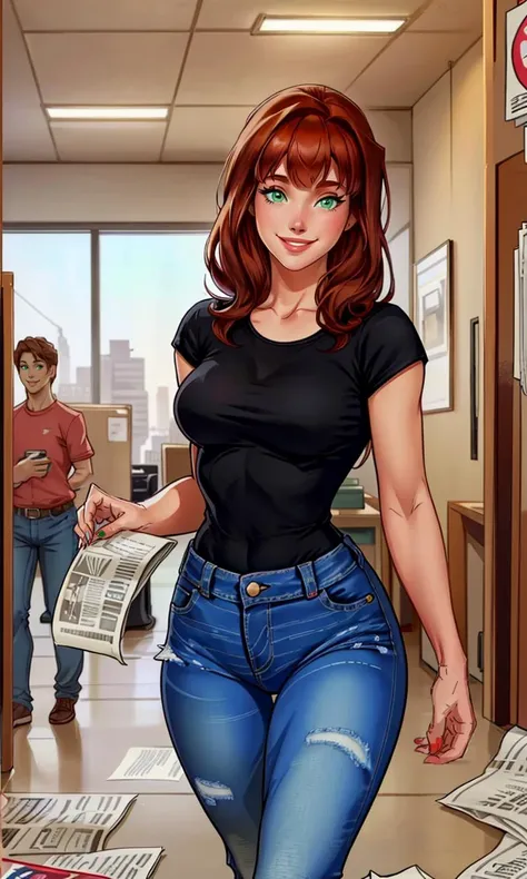 mjw2023, 1girl, 8k, best quality, trending on arstation, masterpiece, black top, jeans, looking at viewer, 5 fingers, bangs. long auburn hair, green eyes, cute smile, walking in newspaper office