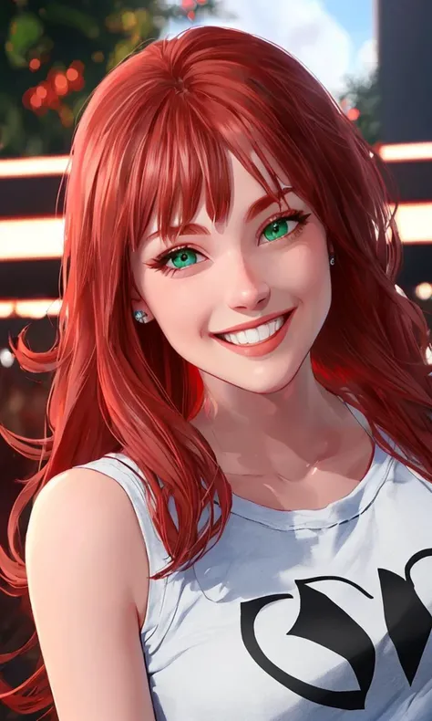 mjw2023, 1girl, 8k, best quality, trending on arstation, masterpiece, black top, jeans, looking at viewer, 5 fingers, bangs. long auburn hair, green eyes, cute smile,