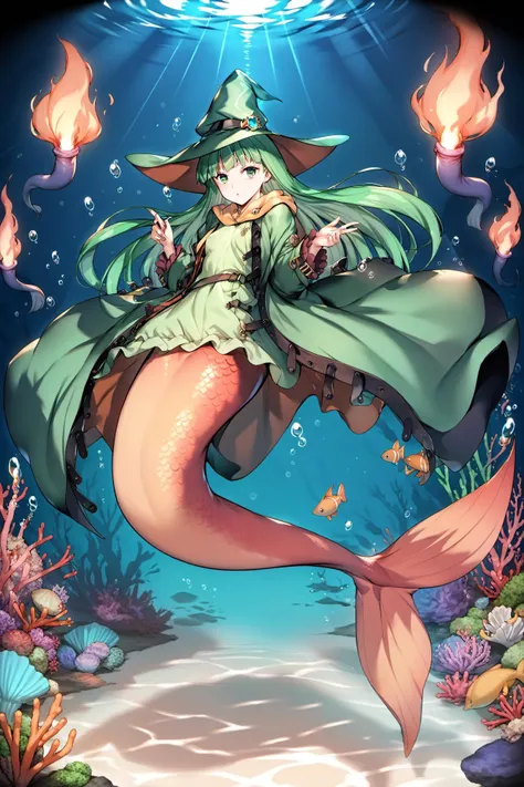 a mermaid with a hat and cape is swimming in the ocean