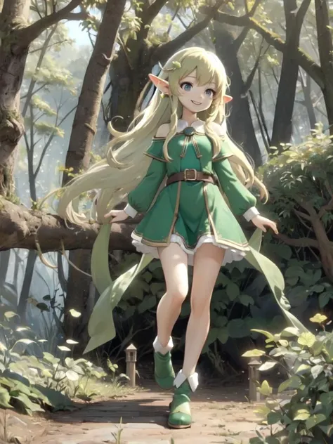 masterpiece, best quality, elf girl walks through the forest, elf ears, full body, smile, 