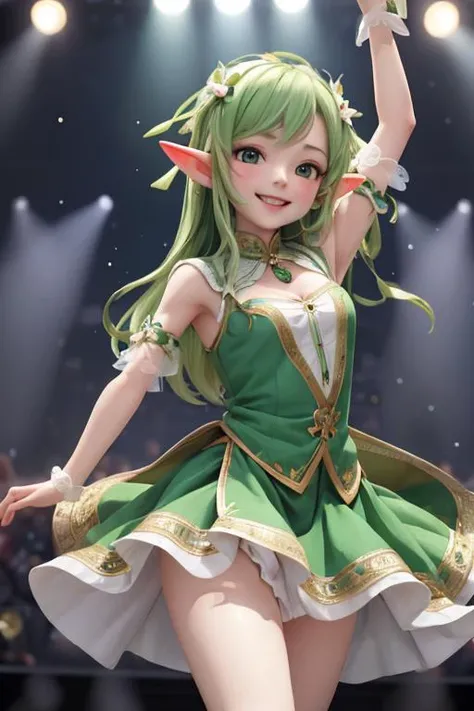 masterpiece, best quality, elf girl dancing on stage, green dress, wide smile, 